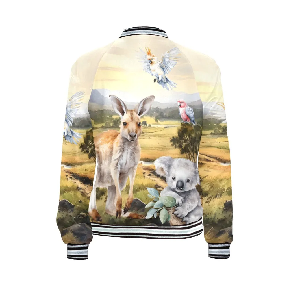 Australian Animals, Koala Cockatoo Kangaroo Galah Bomber Jacket for Women