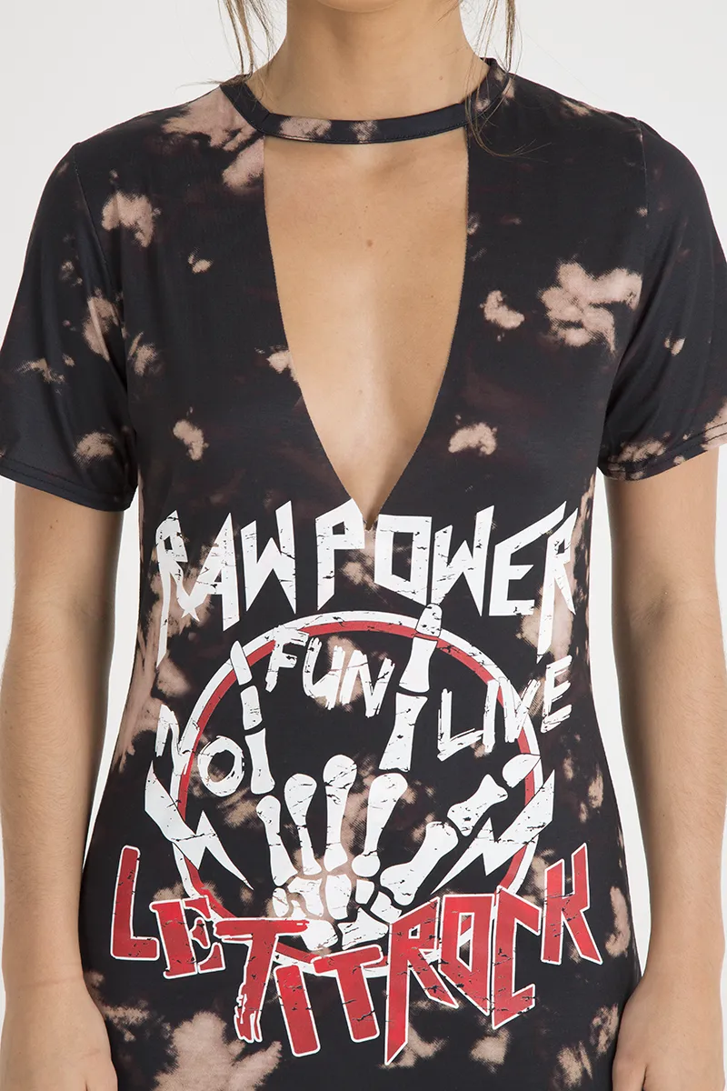 Black Acid Wash 'Raw Power' Print Cut Out Choker T-Shirt Dress - Paige