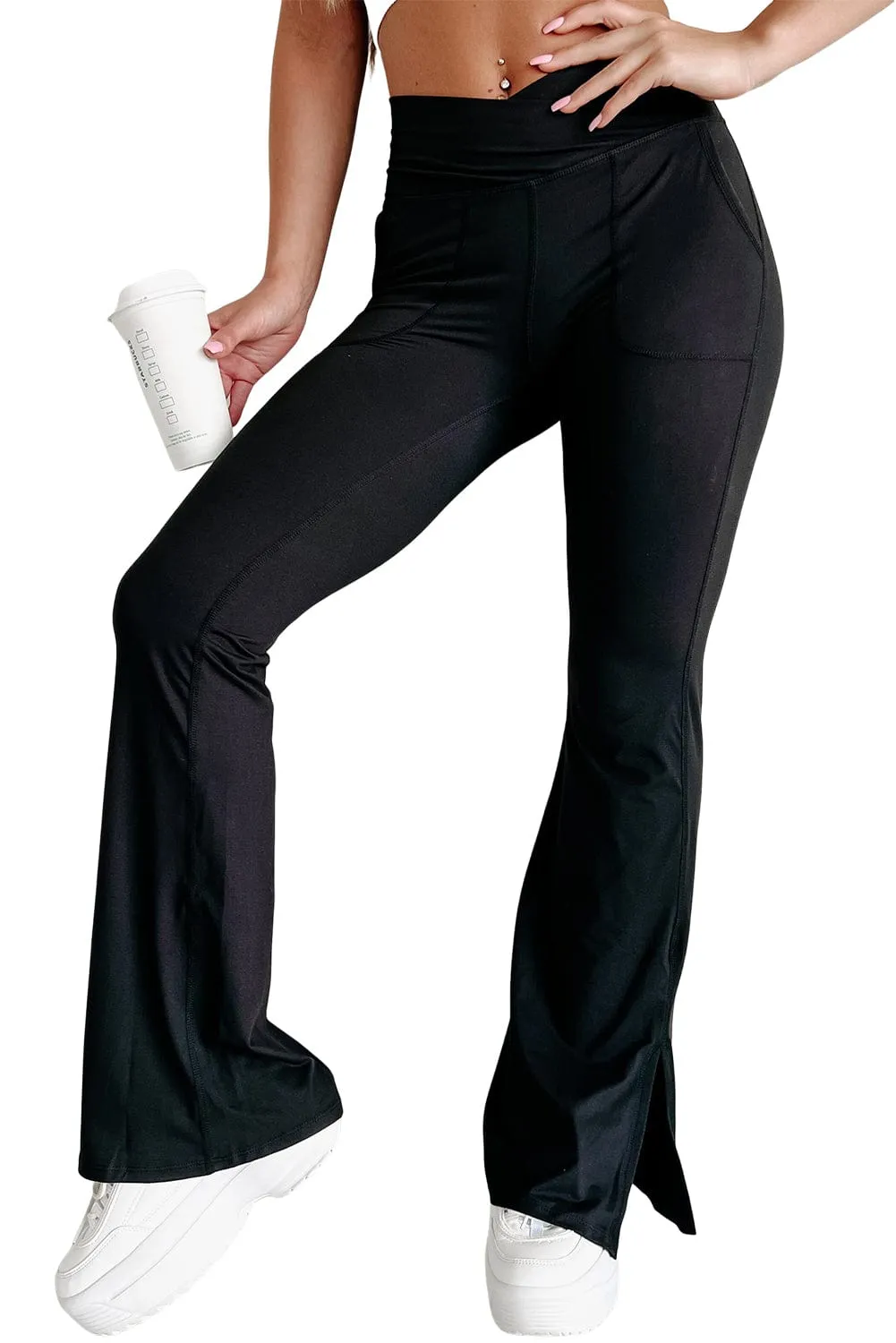 Black Crisscross Waist Flare Leggings with Split Hem and Pockets