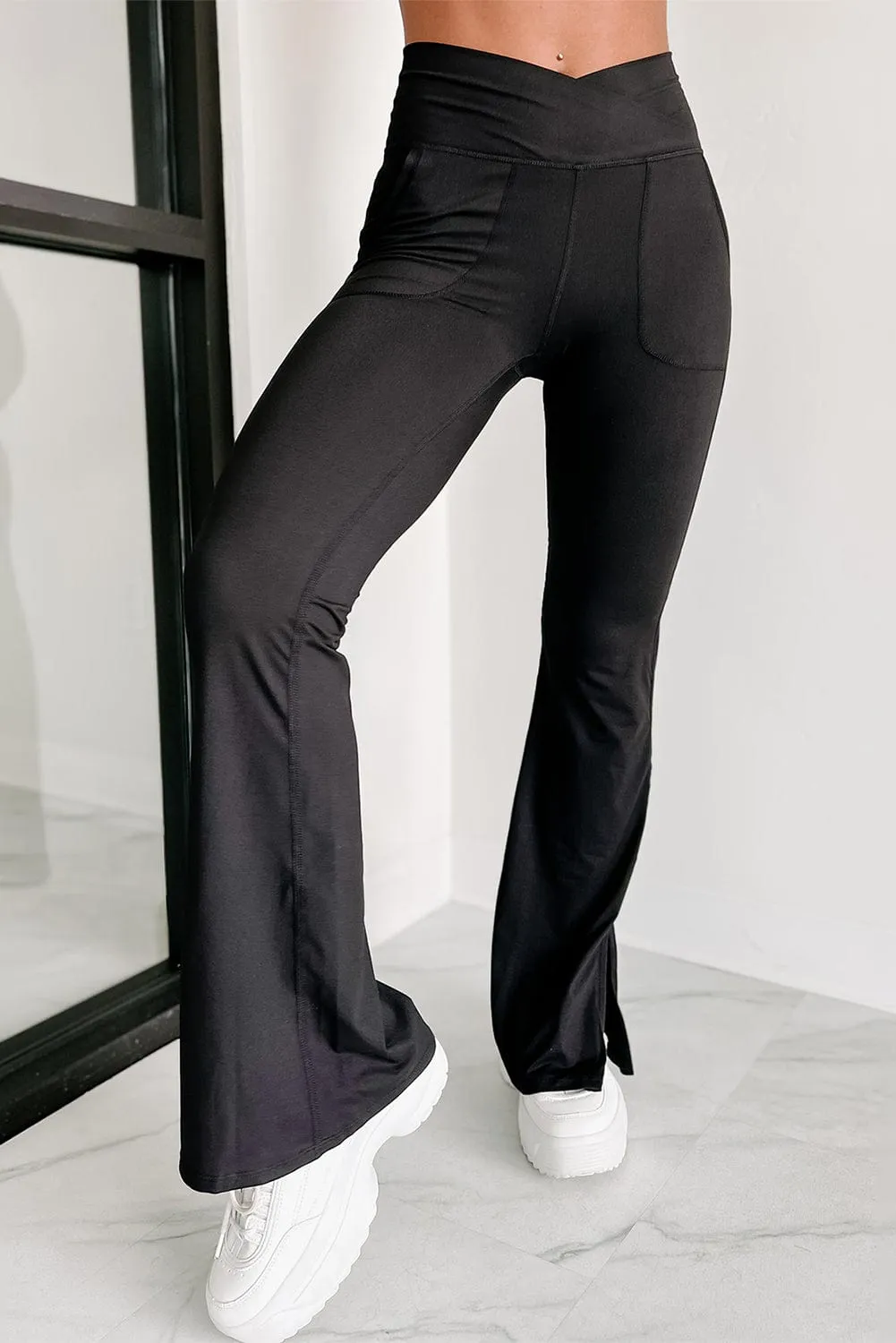 Black Crisscross Waist Flare Leggings with Split Hem and Pockets