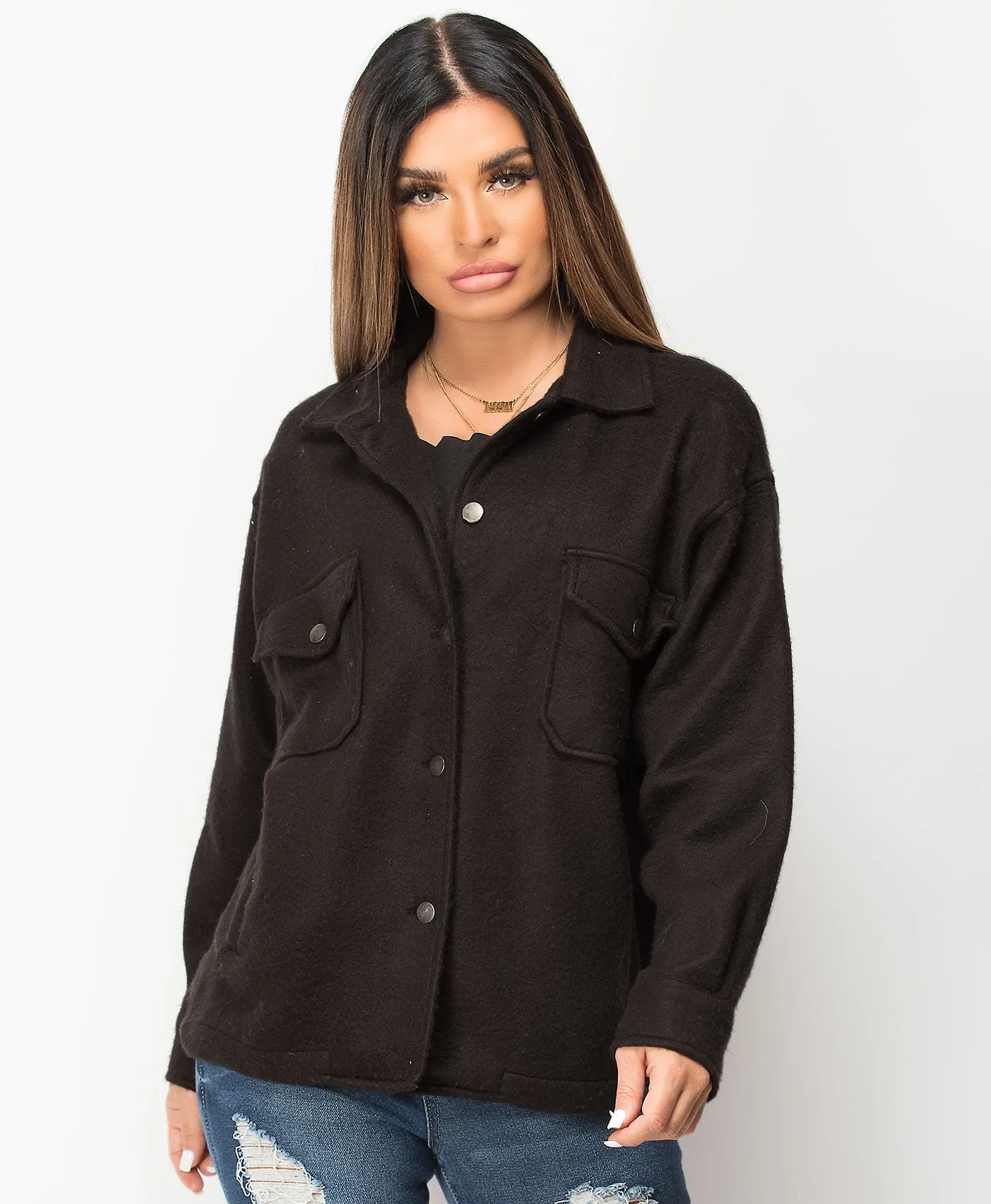 Black Fleece Oversized Plain Shirt Shacket