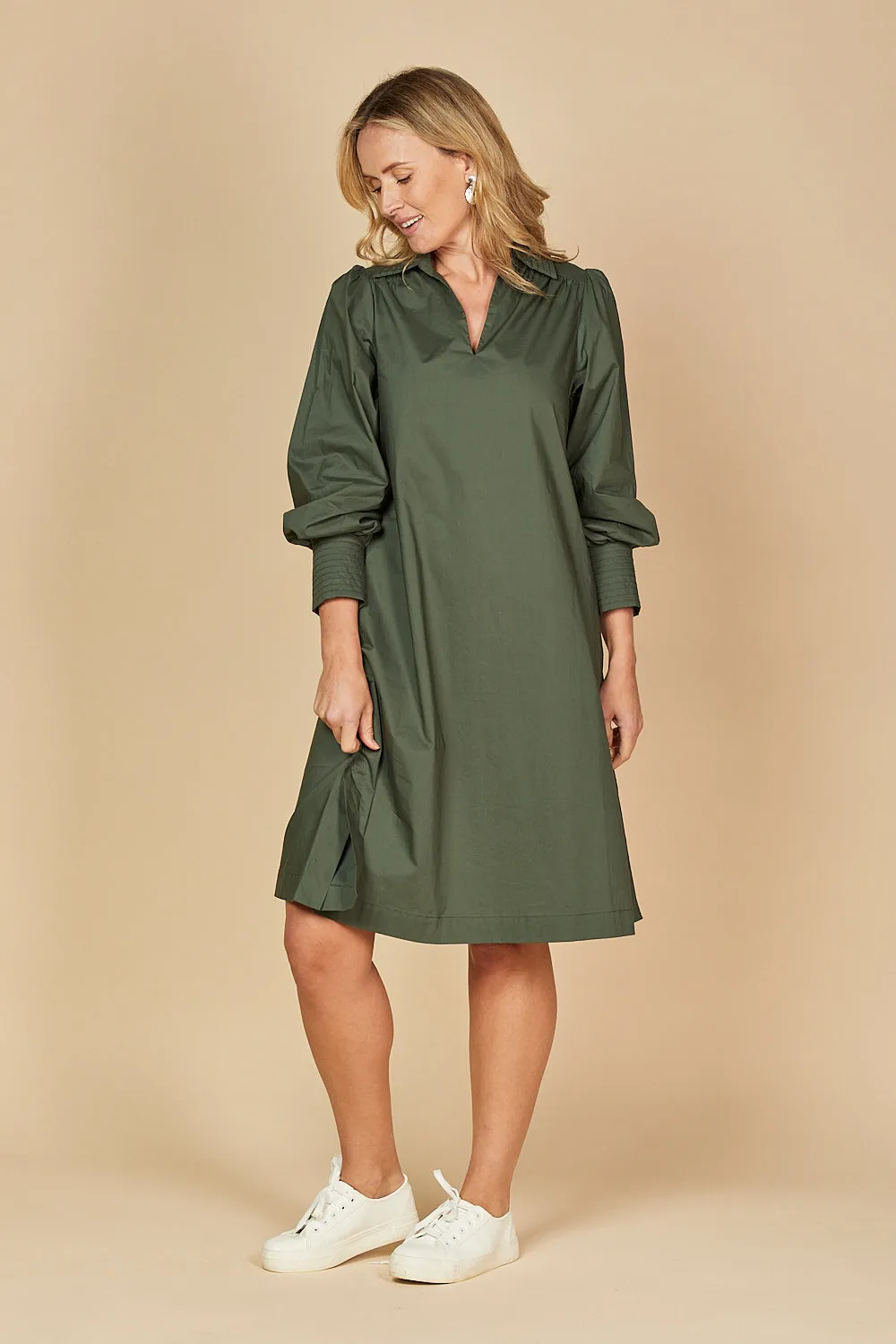 Blaine Collared Poplin Dress in Bottle Green