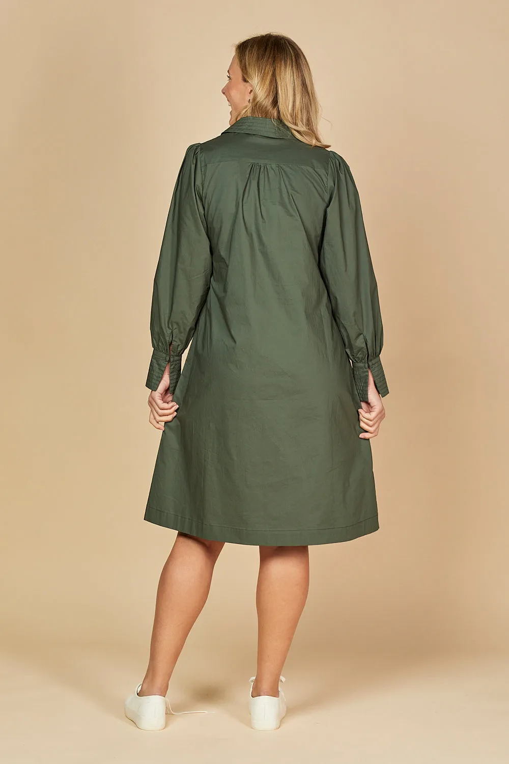 Blaine Collared Poplin Dress in Bottle Green