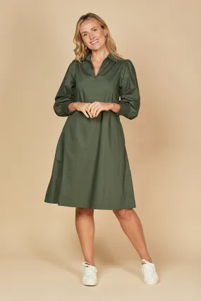 Blaine Collared Poplin Dress in Bottle Green