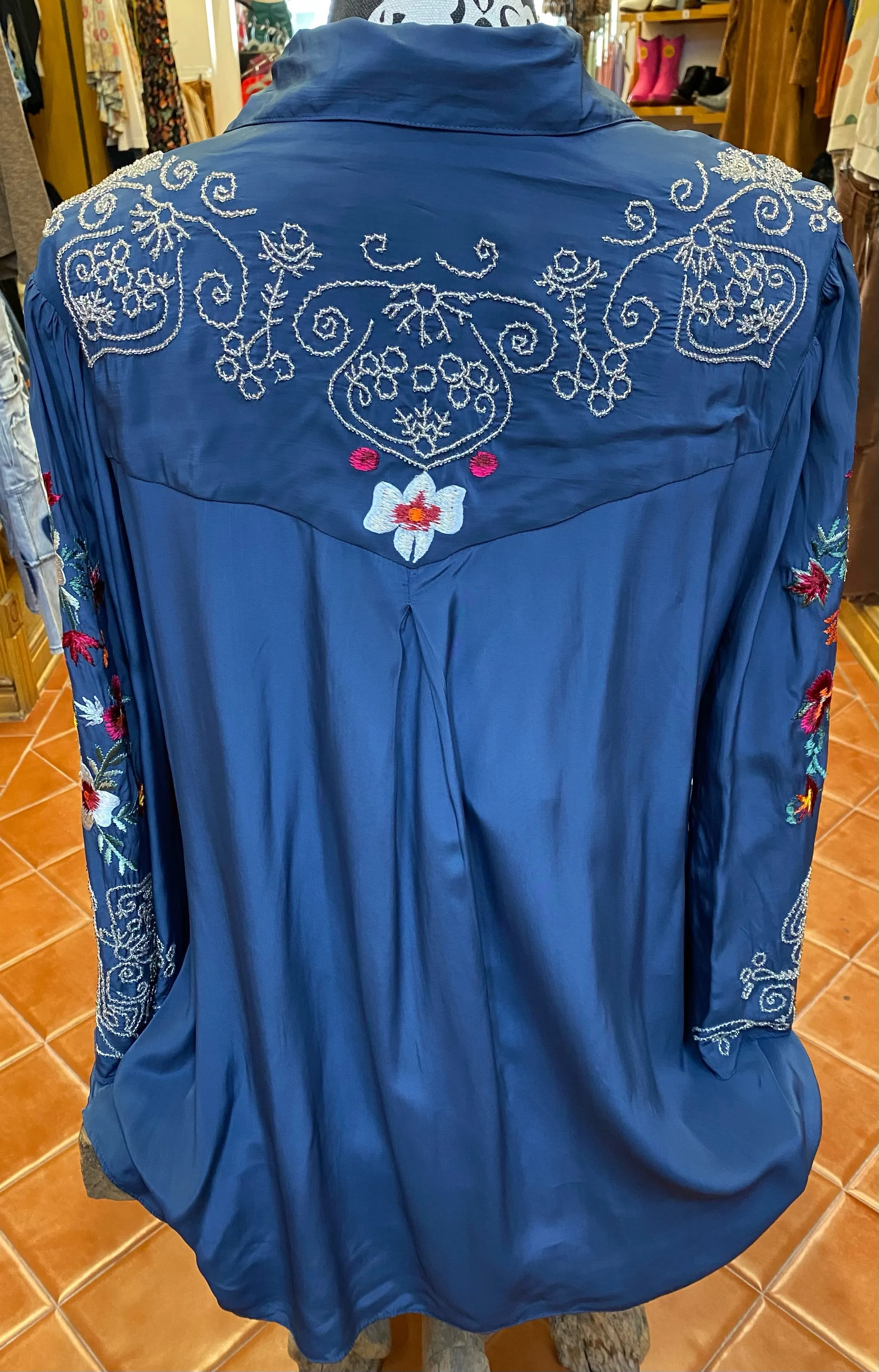 Blue Embroidered Button Front Top by Vintage Collection