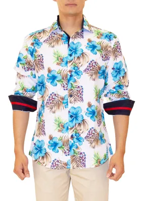 Blue Hibiscus Hawaiian Print Long Sleeve Dress Shirt White