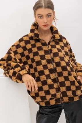 Checkered Faux Fur Jacket - Brown