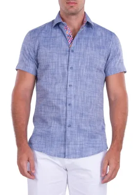 Classic Linen Short Sleeve Button Up Dress Shirt Blue