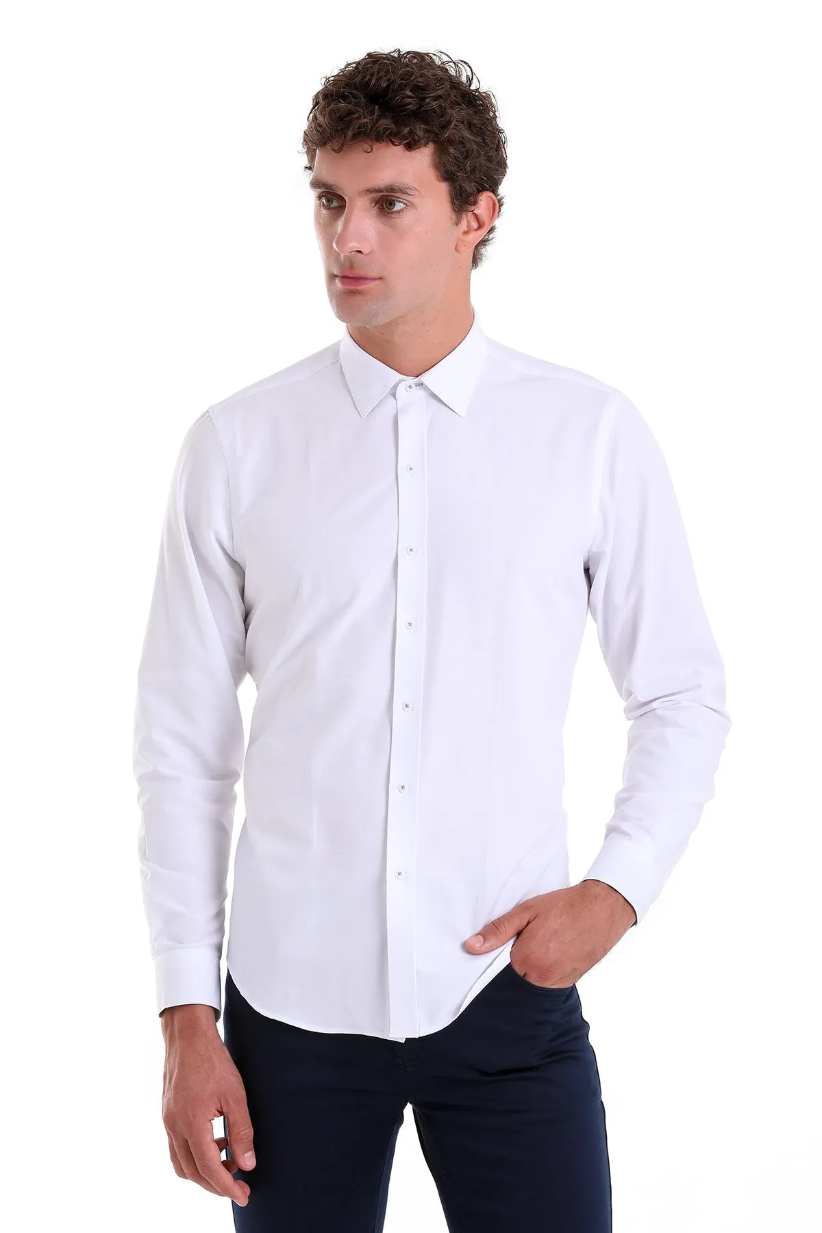 Comfort Fit Long Sleeve Cotton Blend White Dress Shirt