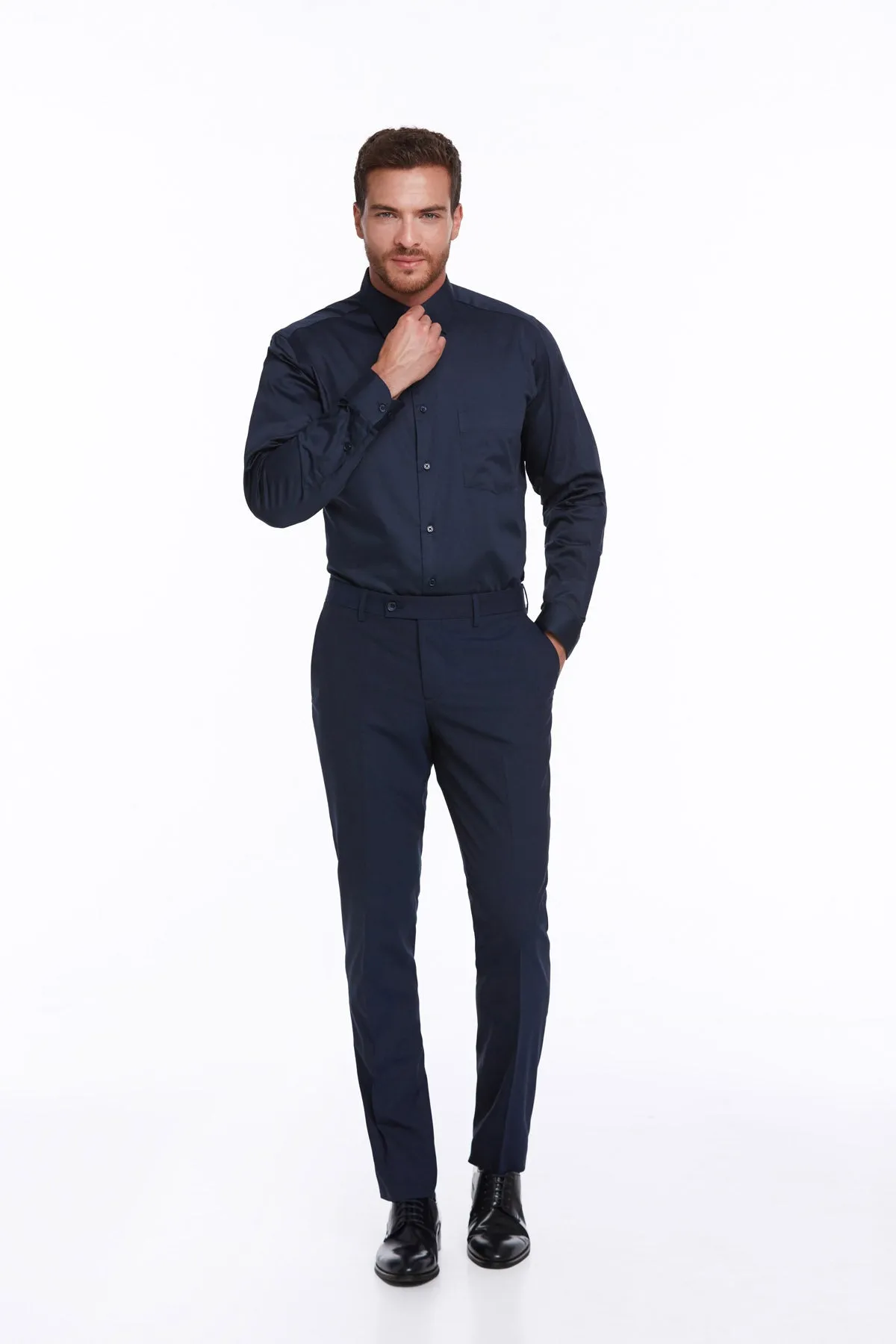 Comfort Fit Long Sleeve Plain Cotton Dress Shirt, Navy