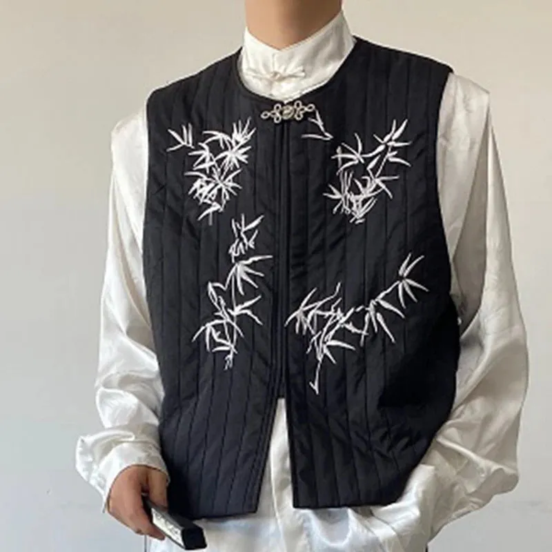 Embroidery Male Vest Chinese Style Round Collar Pleated Quilt Men's Waistcoat Personality Fashion Spring 9C4090