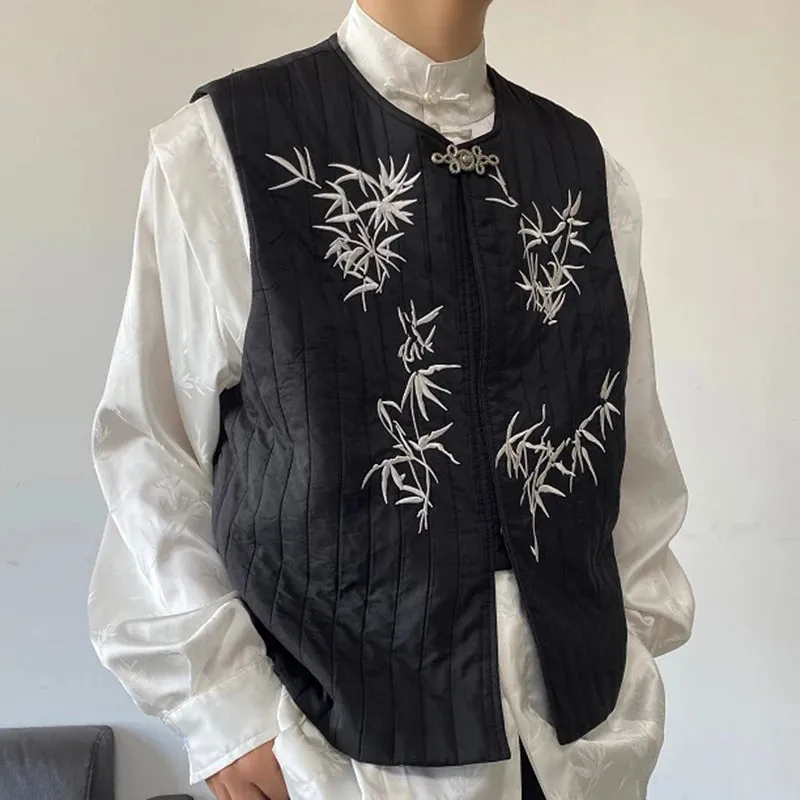 Embroidery Male Vest Chinese Style Round Collar Pleated Quilt Men's Waistcoat Personality Fashion Spring 9C4090