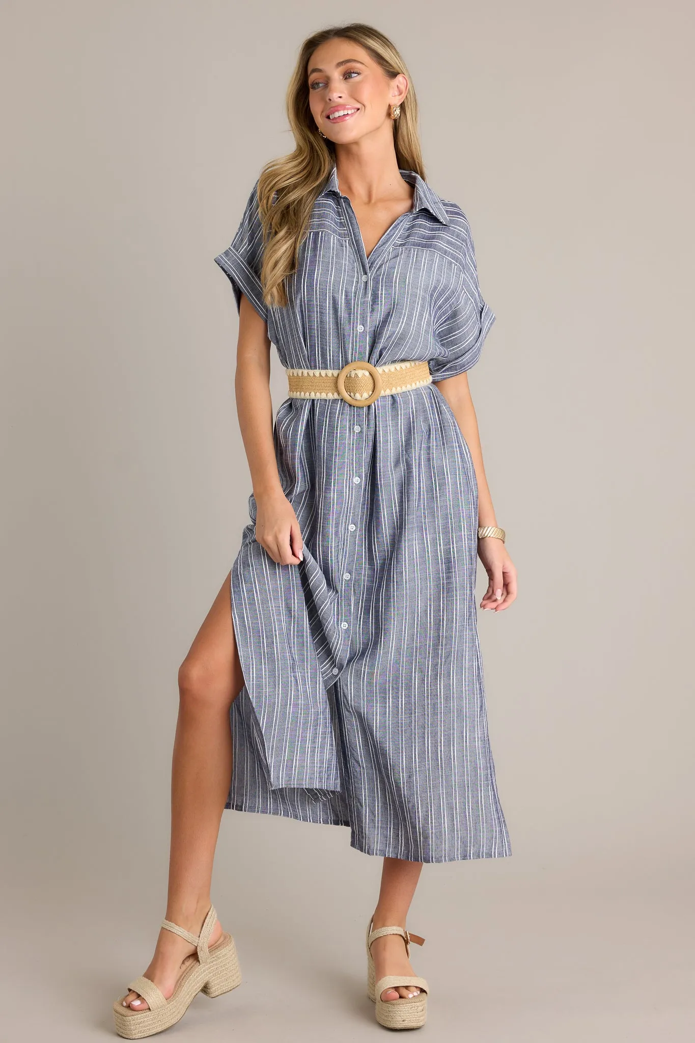 Endless Journey Blue Stripe Midi Shirt Dress