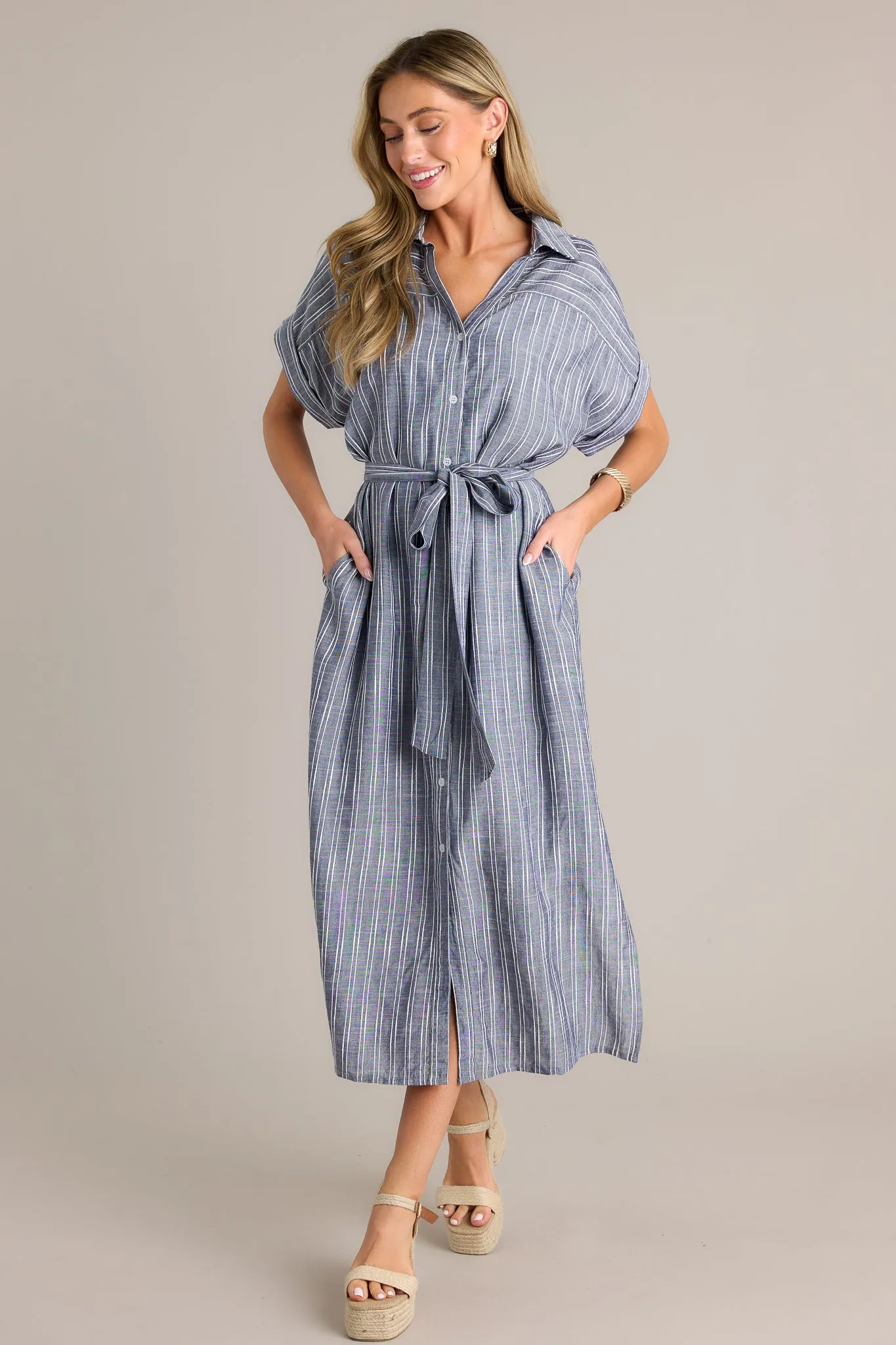 Endless Journey Blue Stripe Midi Shirt Dress