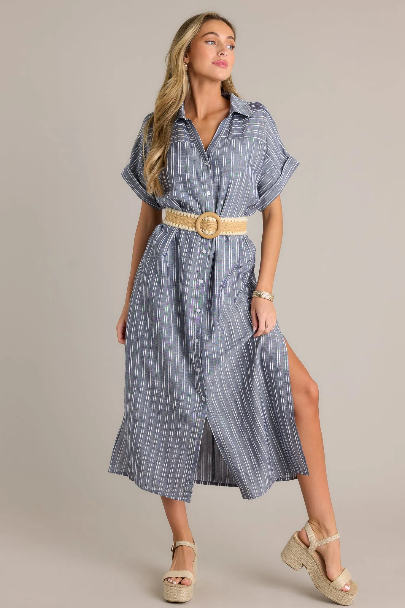 Endless Journey Blue Stripe Midi Shirt Dress