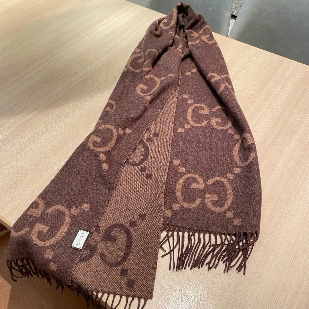 GG JACQUARD PATTERN KNIT SCARF 195 CM WITH TASSELS CHESTNUT BROWN 403749