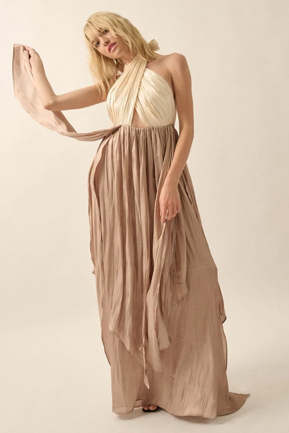 Golden Hour Halter Neck Satin Maxi Dress