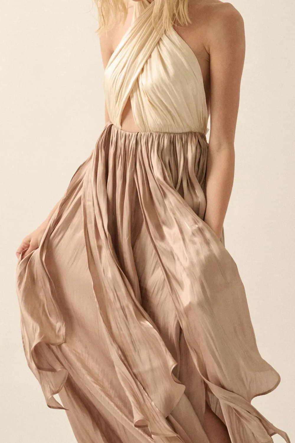 Golden Hour Halter Neck Satin Maxi Dress