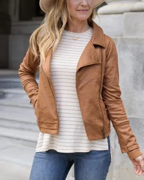 Grace & Lace Move Free Leather Like Moto Jacket - Camel