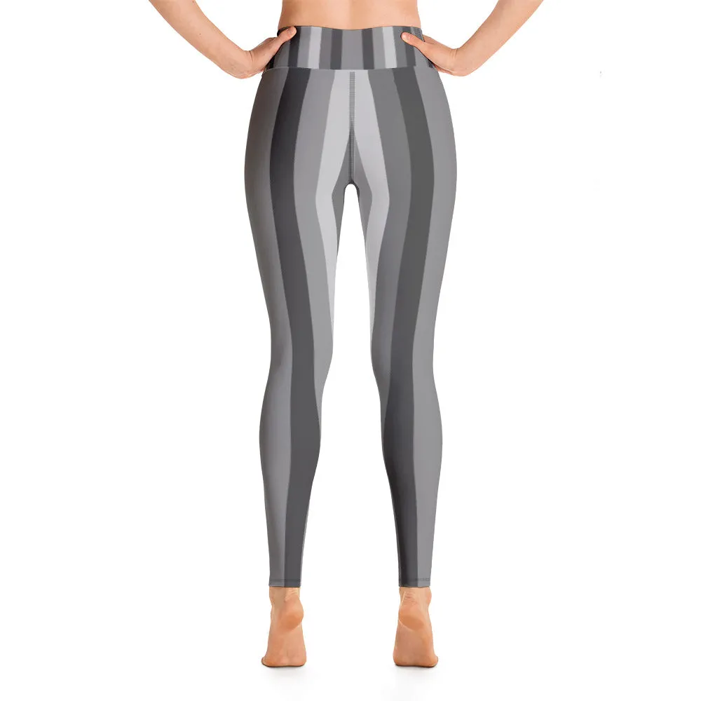 Gray Stripe Women's Leggings, Active Wear Best Long Yoga Barre Pants-Made in USA/EU