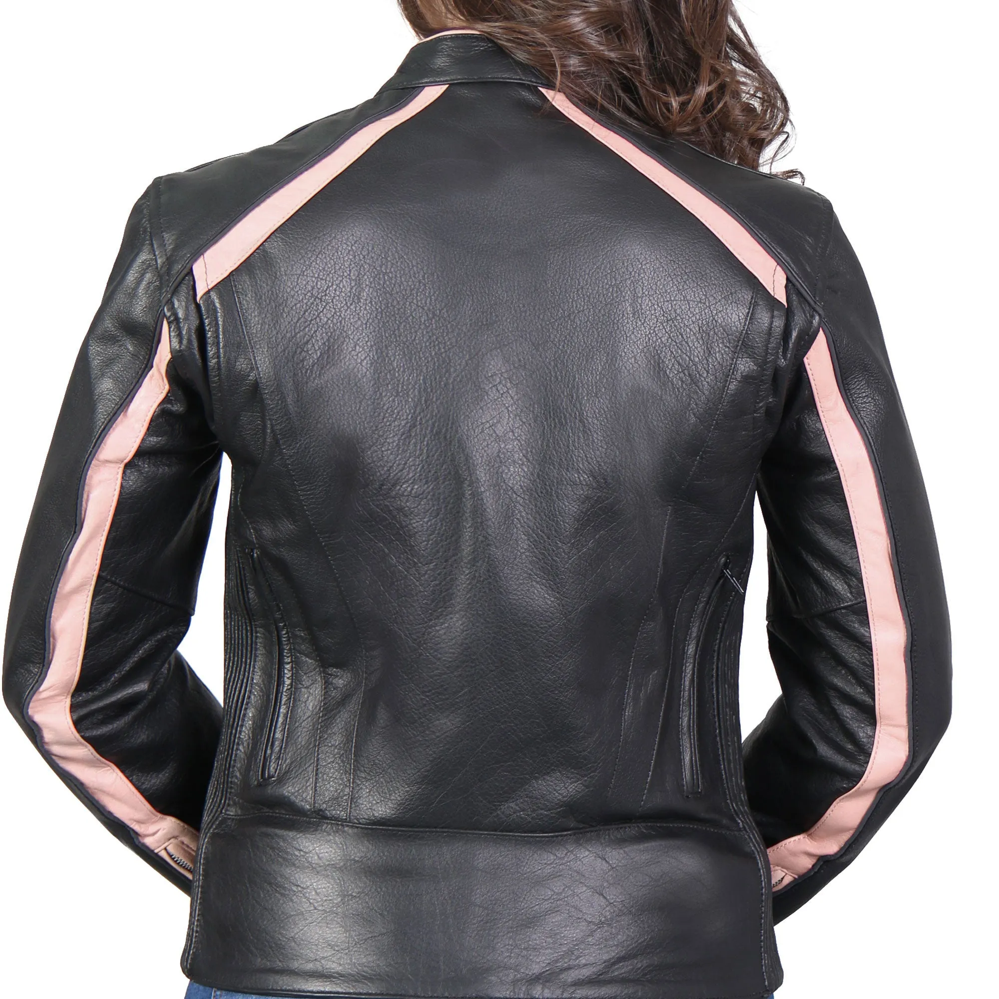 Hot Leathers JKL1022 Pink Striped Motorcycle Leather Biker Jacket with Reflective Piping