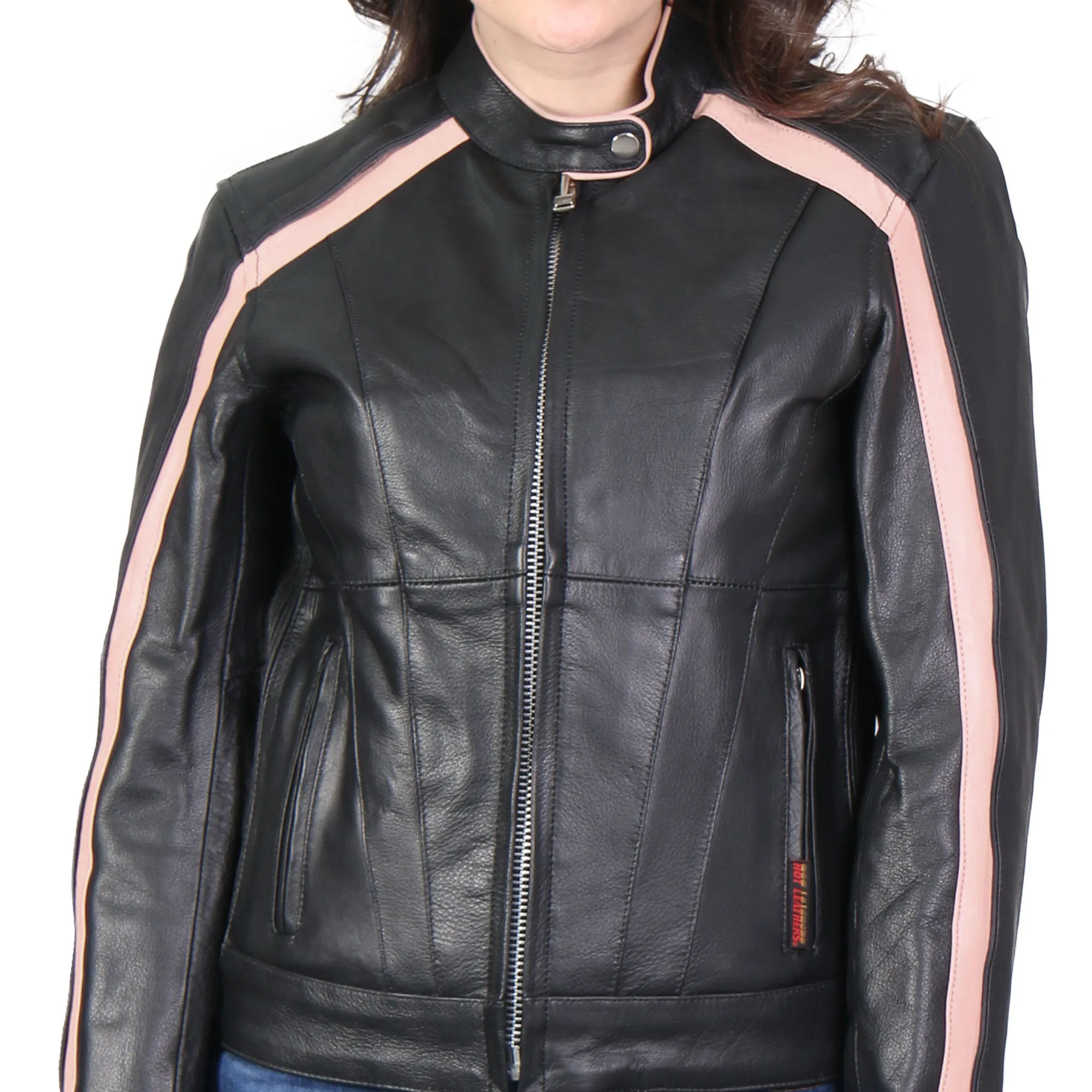 Hot Leathers JKL1022 Pink Striped Motorcycle Leather Biker Jacket with Reflective Piping