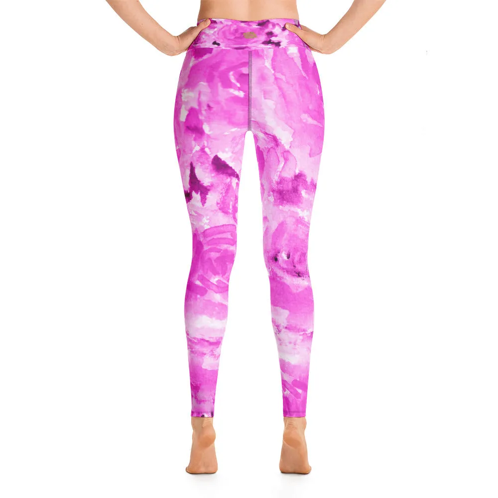 Hot Pink Floral Women's Leggings, Abstract Rose Print Long Yoga Pants - Made in USA/EU