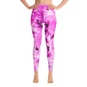 Hot Pink Floral Women's Leggings, Abstract Rose Print Long Yoga Pants - Made in USA/EU