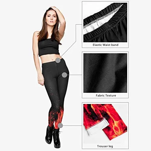 Kanora Fire Printed Seamless Workout Leggings - Women’s Black 3D Printed Yoga Leggings, Tummy Control Running Pants (Fire, One Size)