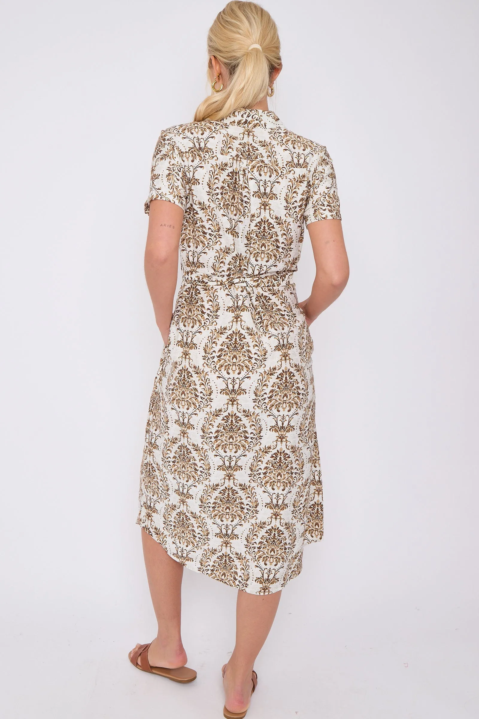 LOVE SUNSHINE Brown Broderie Print Short Sleeve Midi Shirt Dress