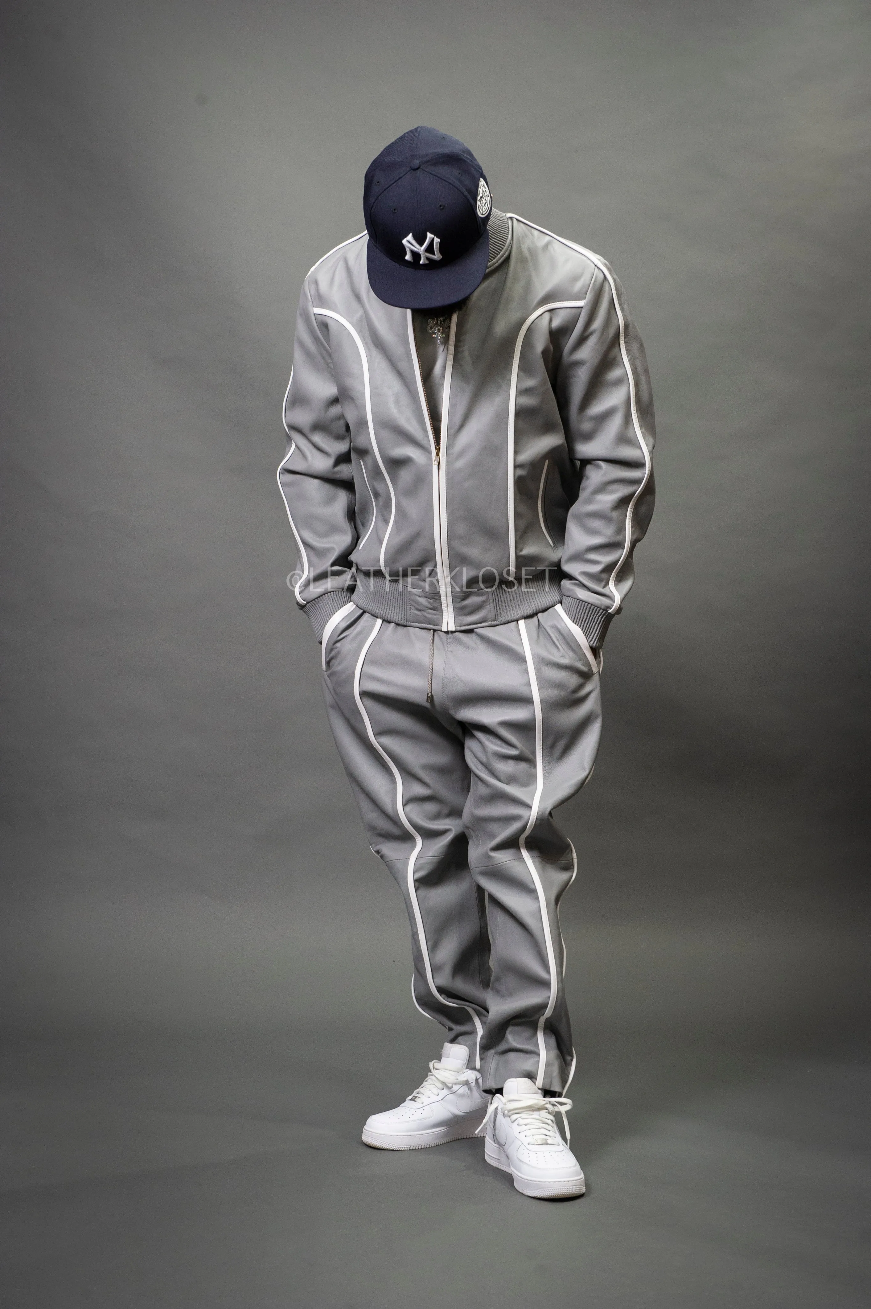 Men's Brayden Leather Track Suit Sweatsuit [Grey/White]