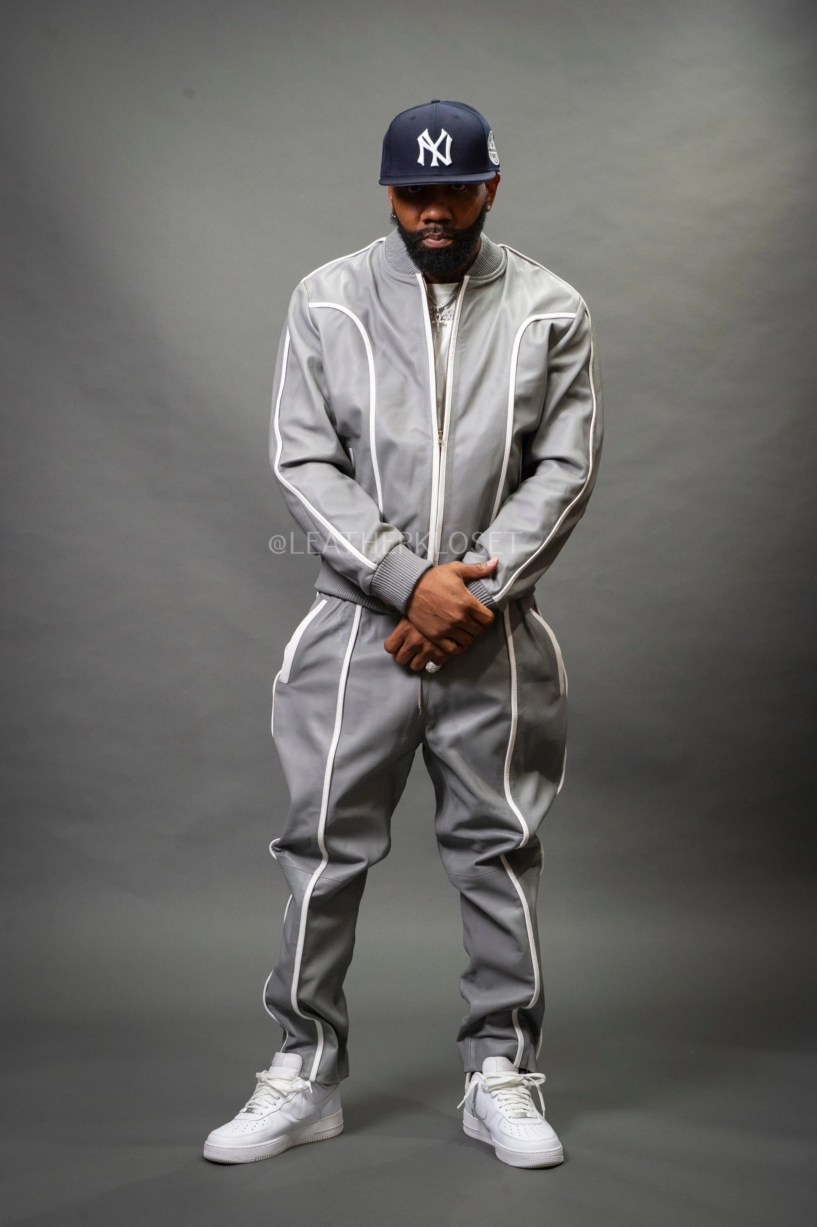 Men's Brayden Leather Track Suit Sweatsuit [Grey/White]