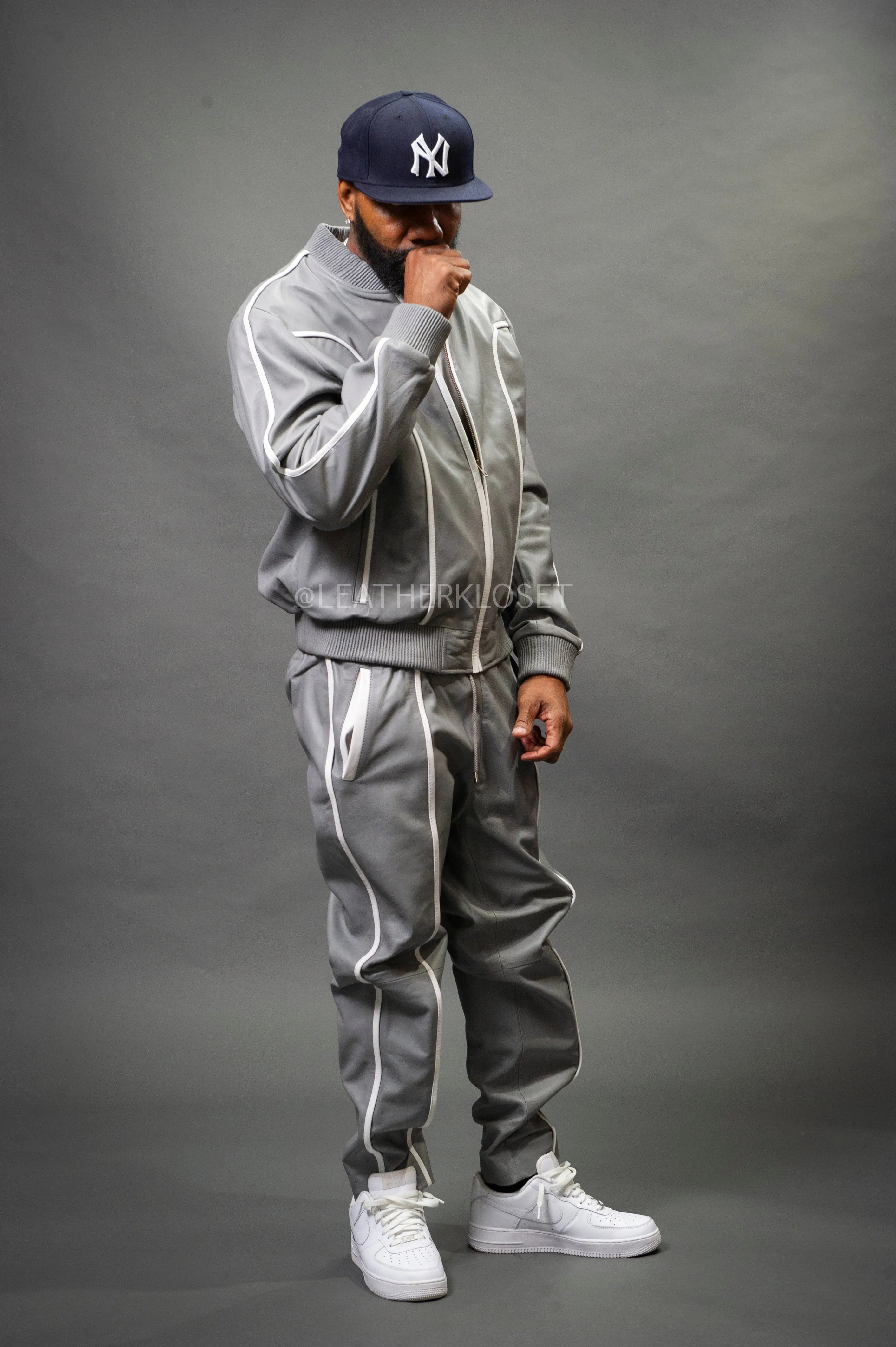 Men's Brayden Leather Track Suit Sweatsuit [Grey/White]