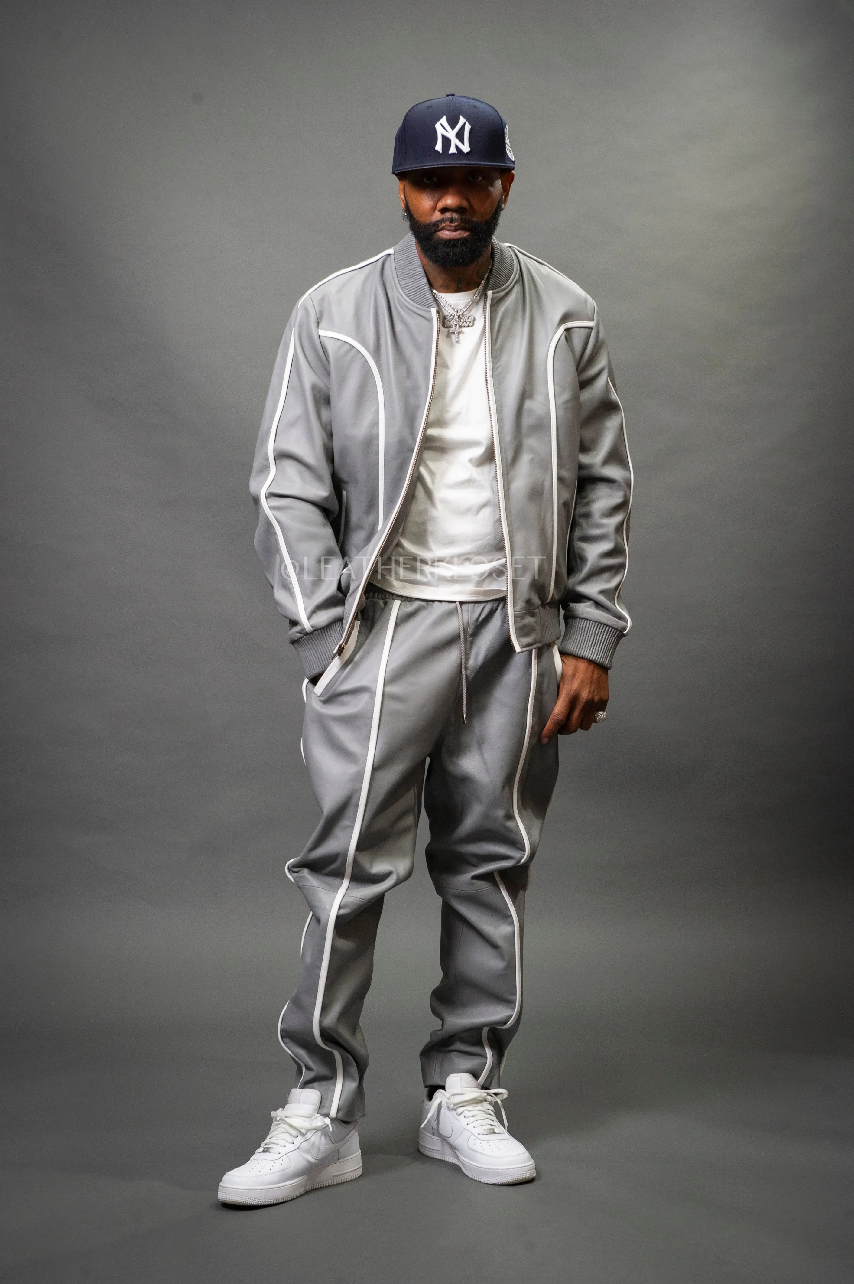 Men's Brayden Leather Track Suit Sweatsuit [Grey/White]