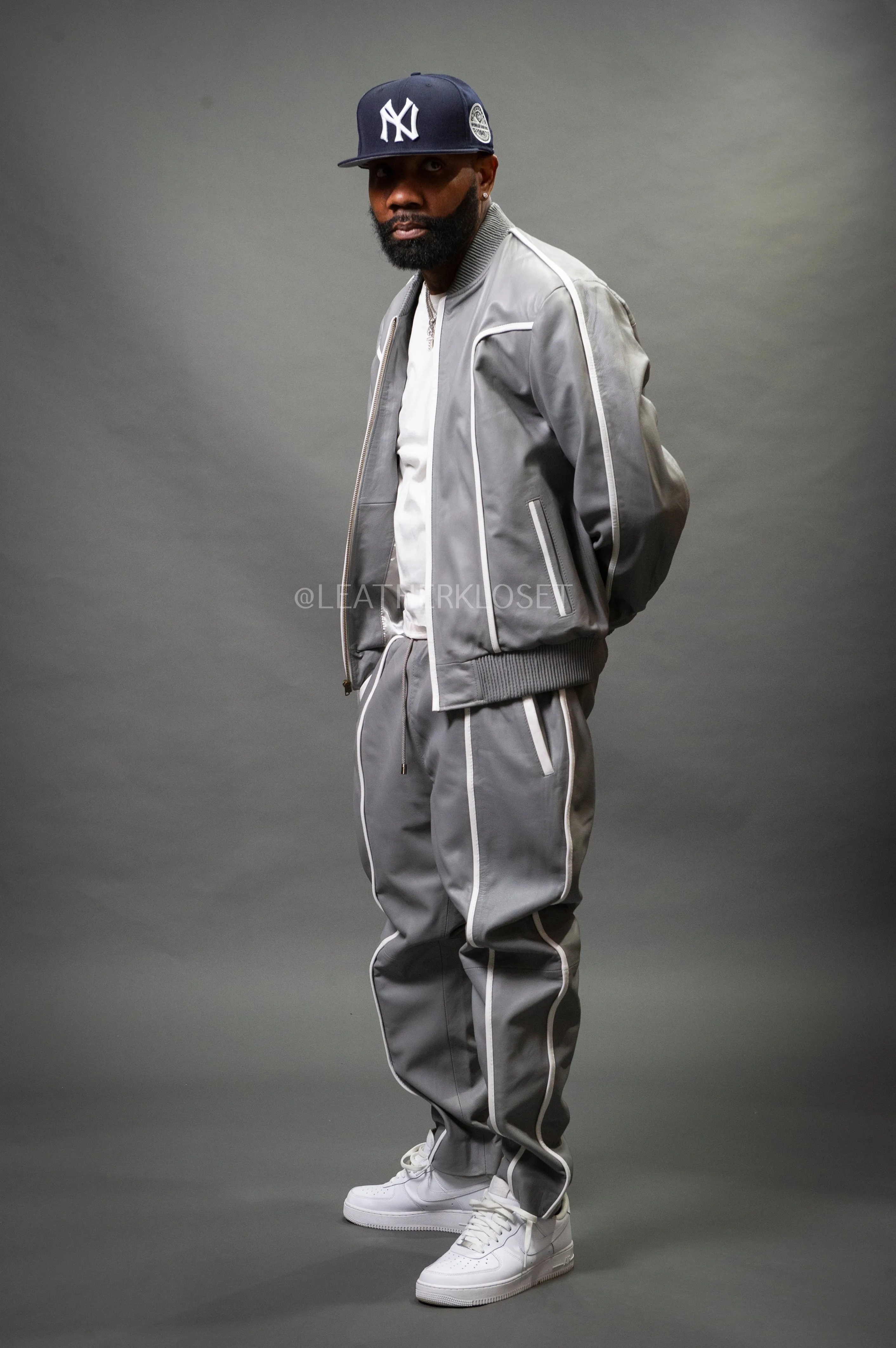 Men's Brayden Leather Track Suit Sweatsuit [Grey/White]