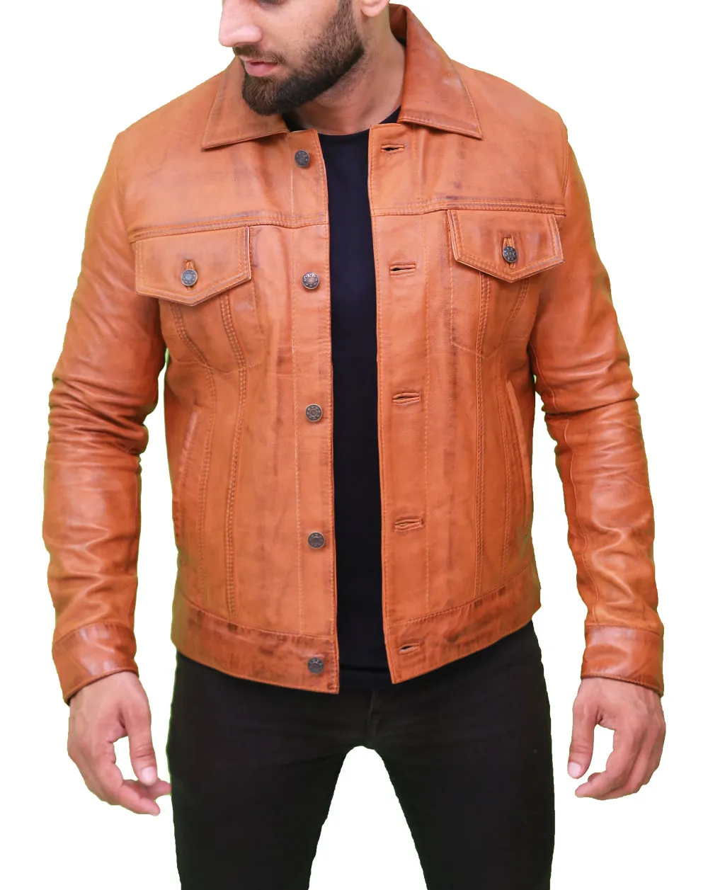 Men's Light Brown Classic Leather Trucker Jacket