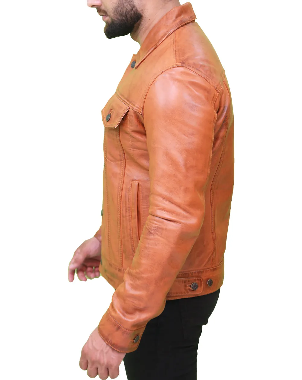 Men's Light Brown Classic Leather Trucker Jacket