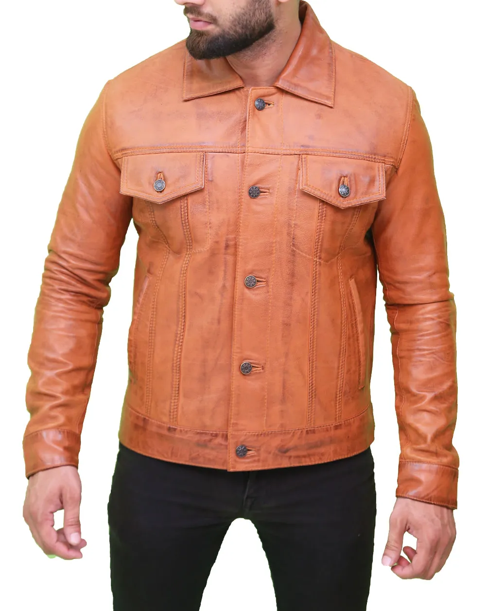 Men's Light Brown Classic Leather Trucker Jacket