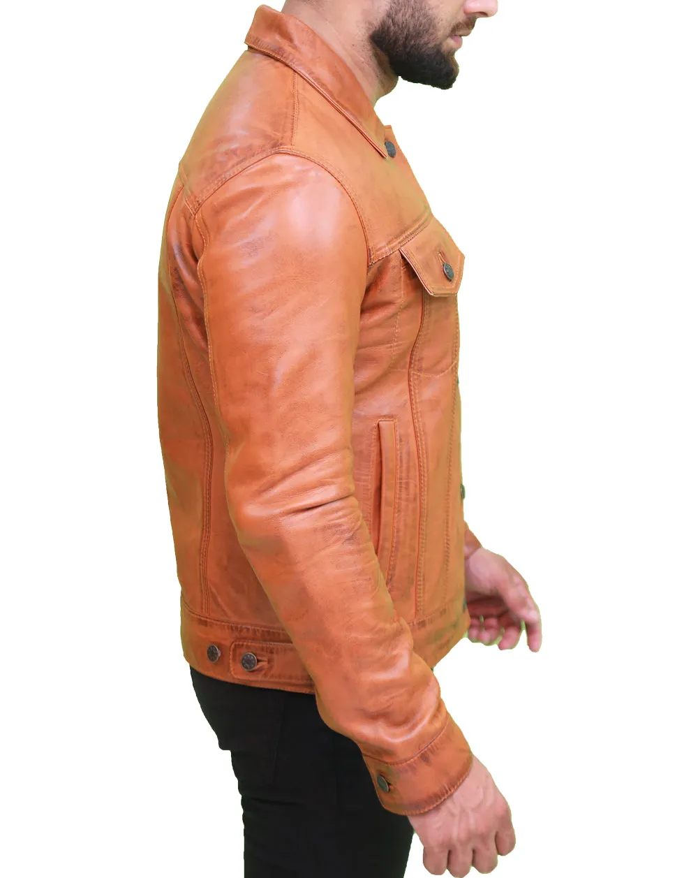 Men's Light Brown Classic Leather Trucker Jacket