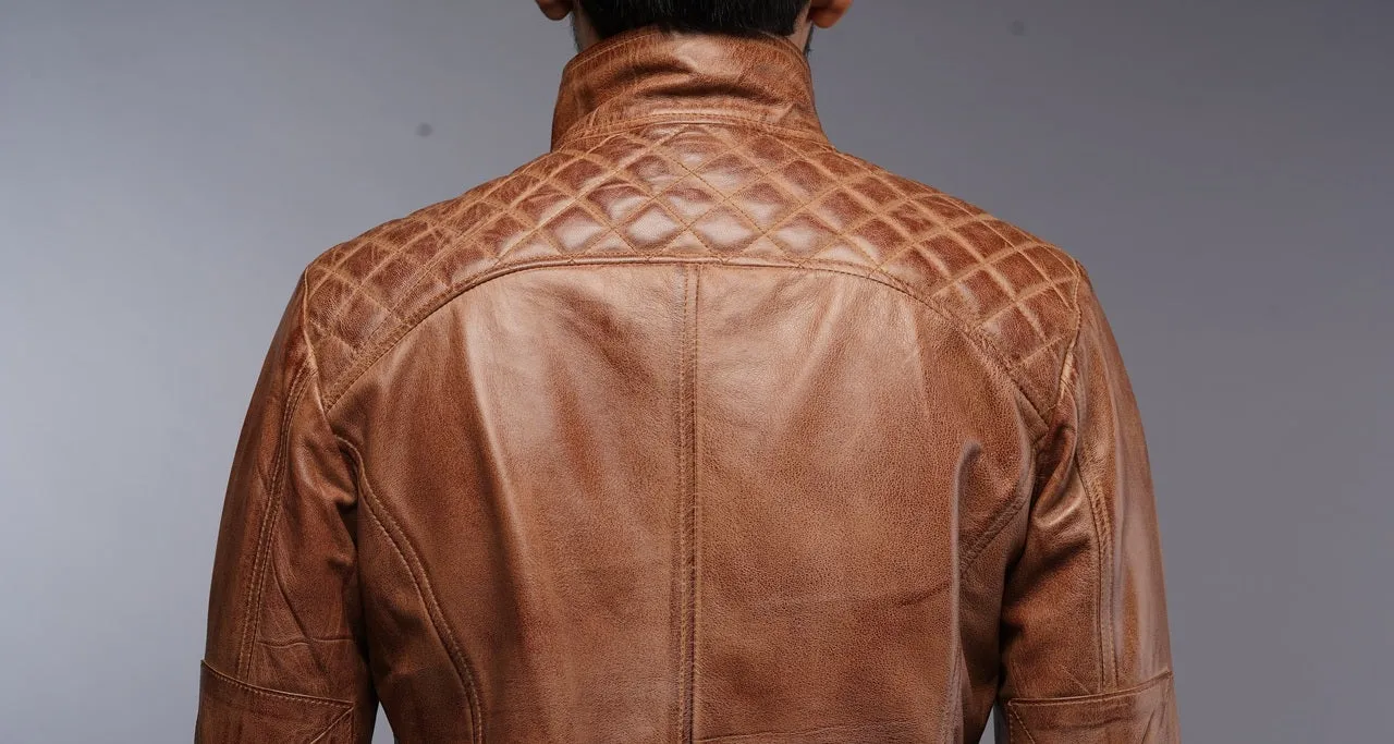 Mens Motorcycle Vintage Brown Diamond Quilted Racer Leather Jacket