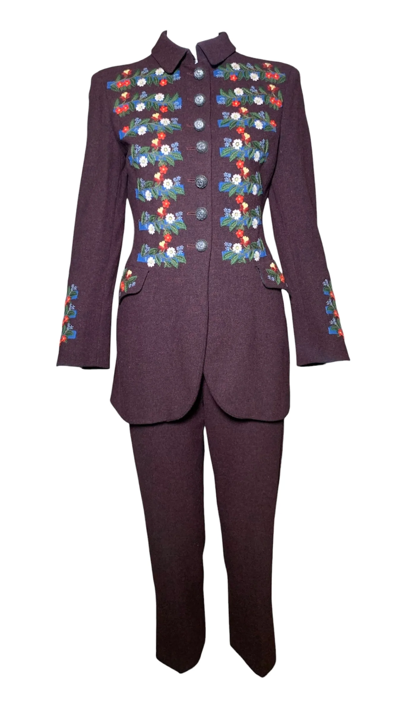 Moschino Couture Y2K Floral Embroidered Burgundy Wool Pants Suit