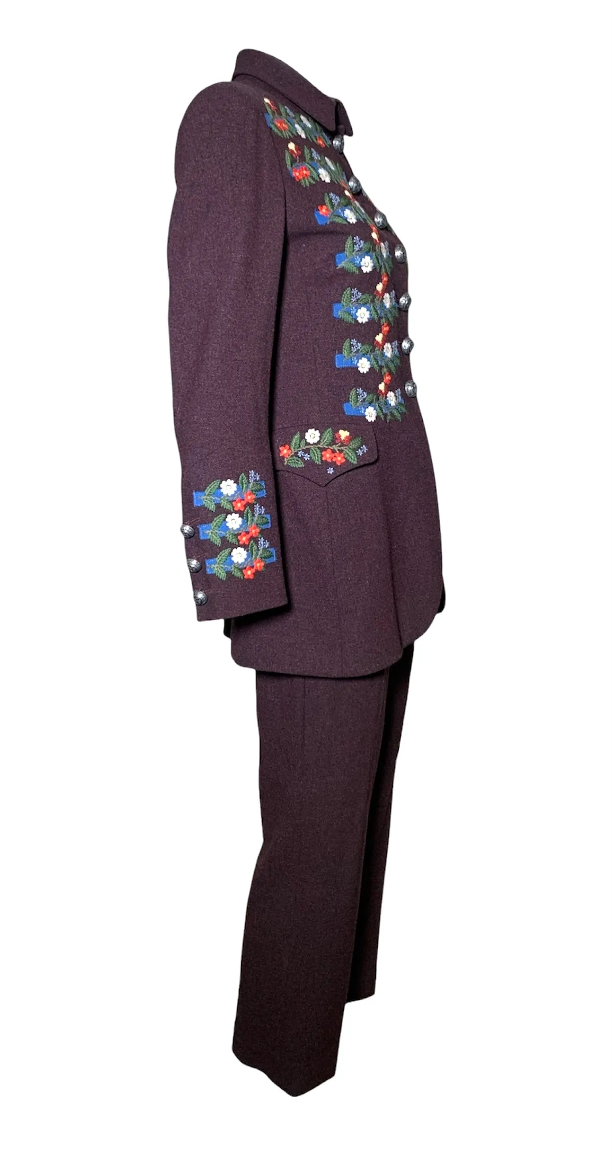 Moschino Couture Y2K Floral Embroidered Burgundy Wool Pants Suit