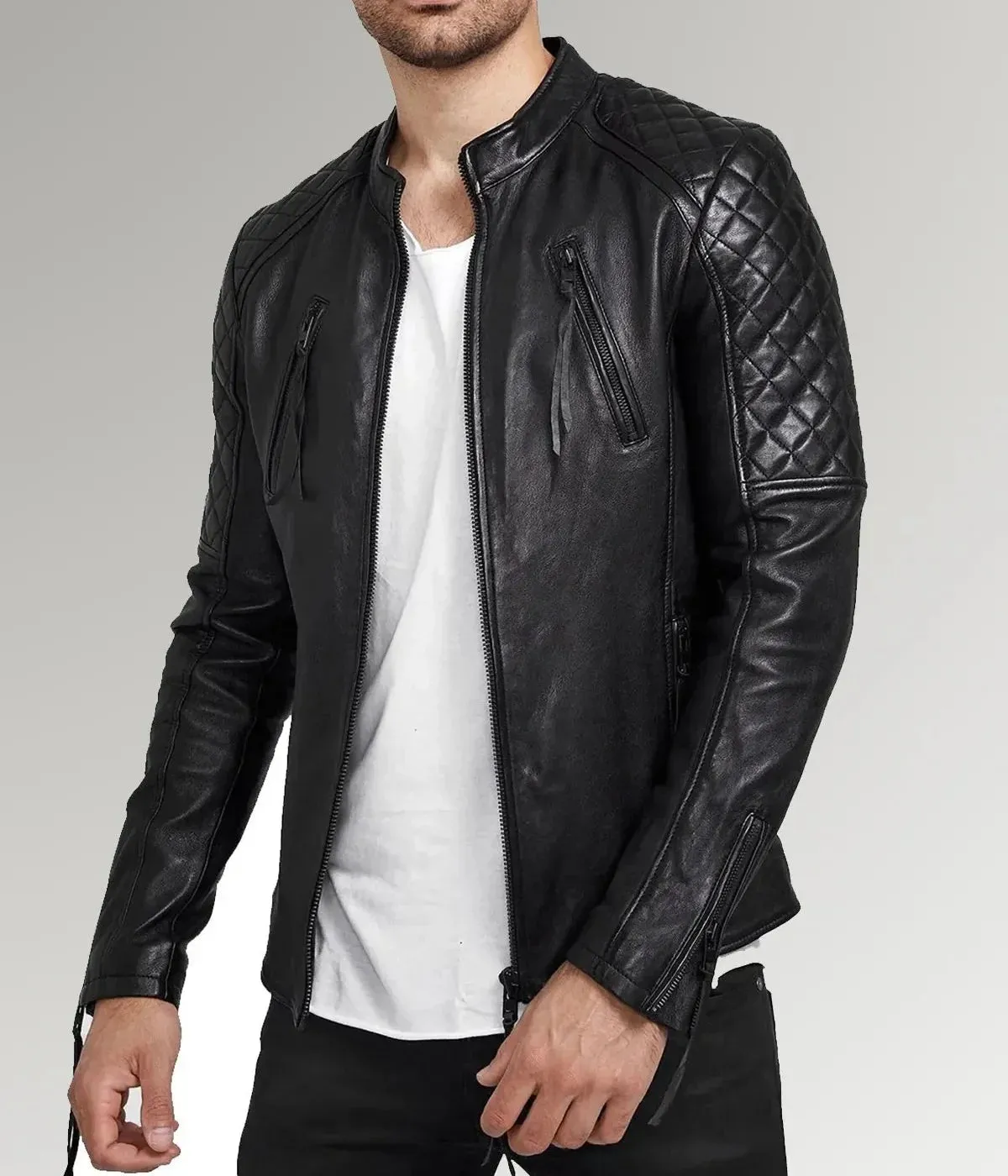 Nightfall | Men's Diamond Quilted Black Leather Biker Jacket