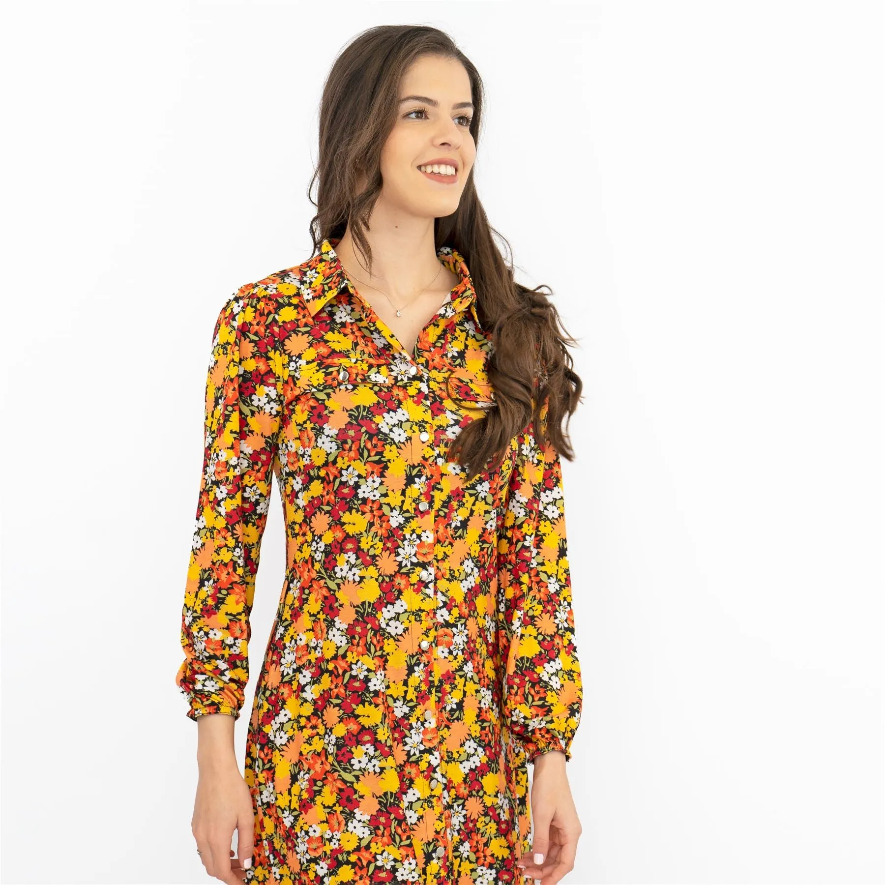 Oasis Orange Floral Long Sleeve Button-Up Midi Shirt Dresses