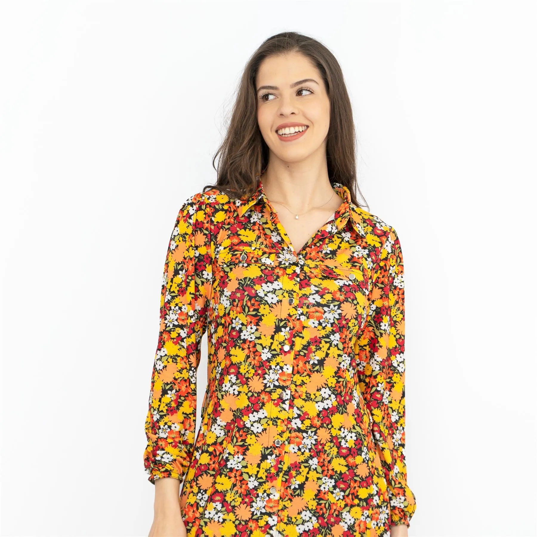 Oasis Orange Floral Long Sleeve Button-Up Midi Shirt Dresses