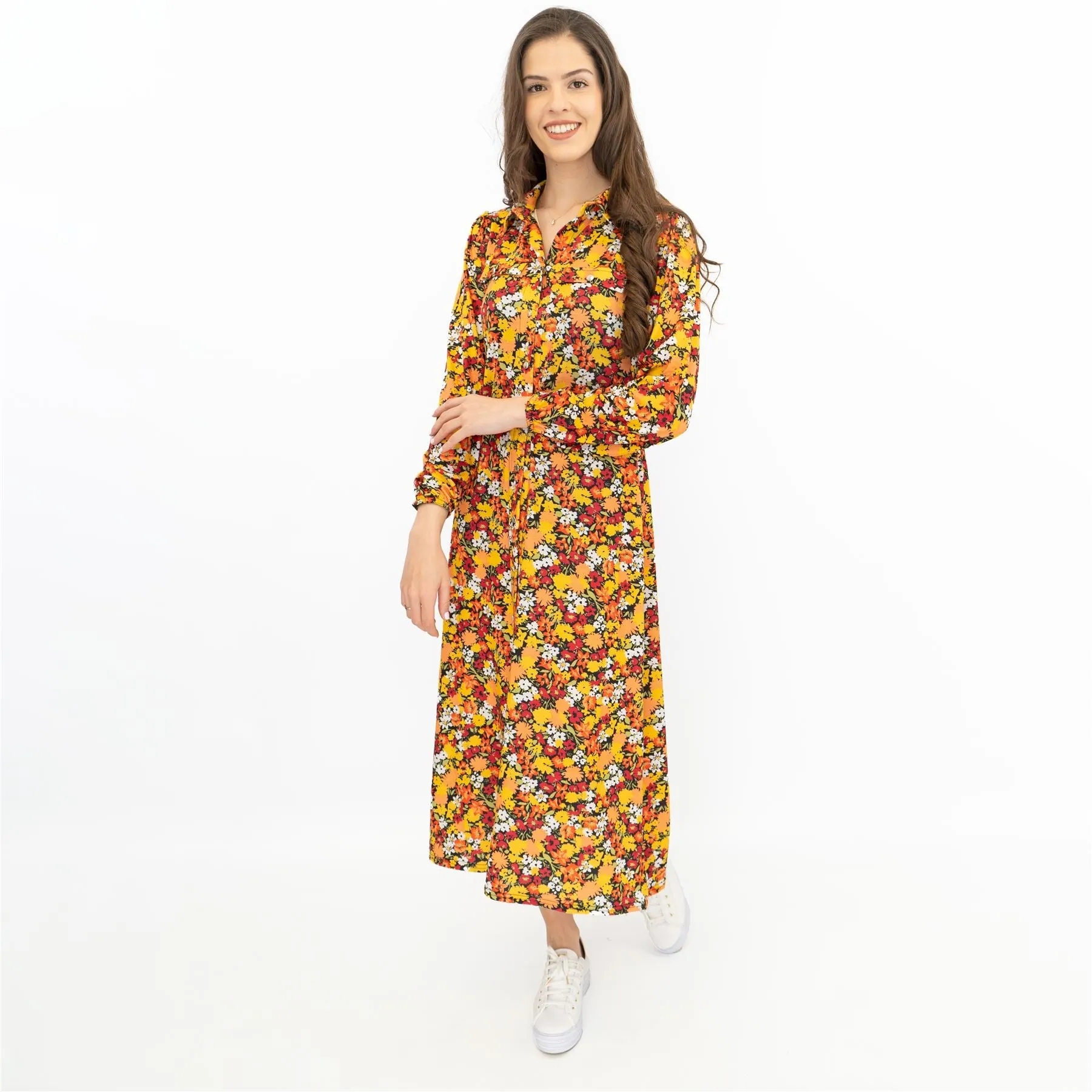 Oasis Orange Floral Long Sleeve Button-Up Midi Shirt Dresses