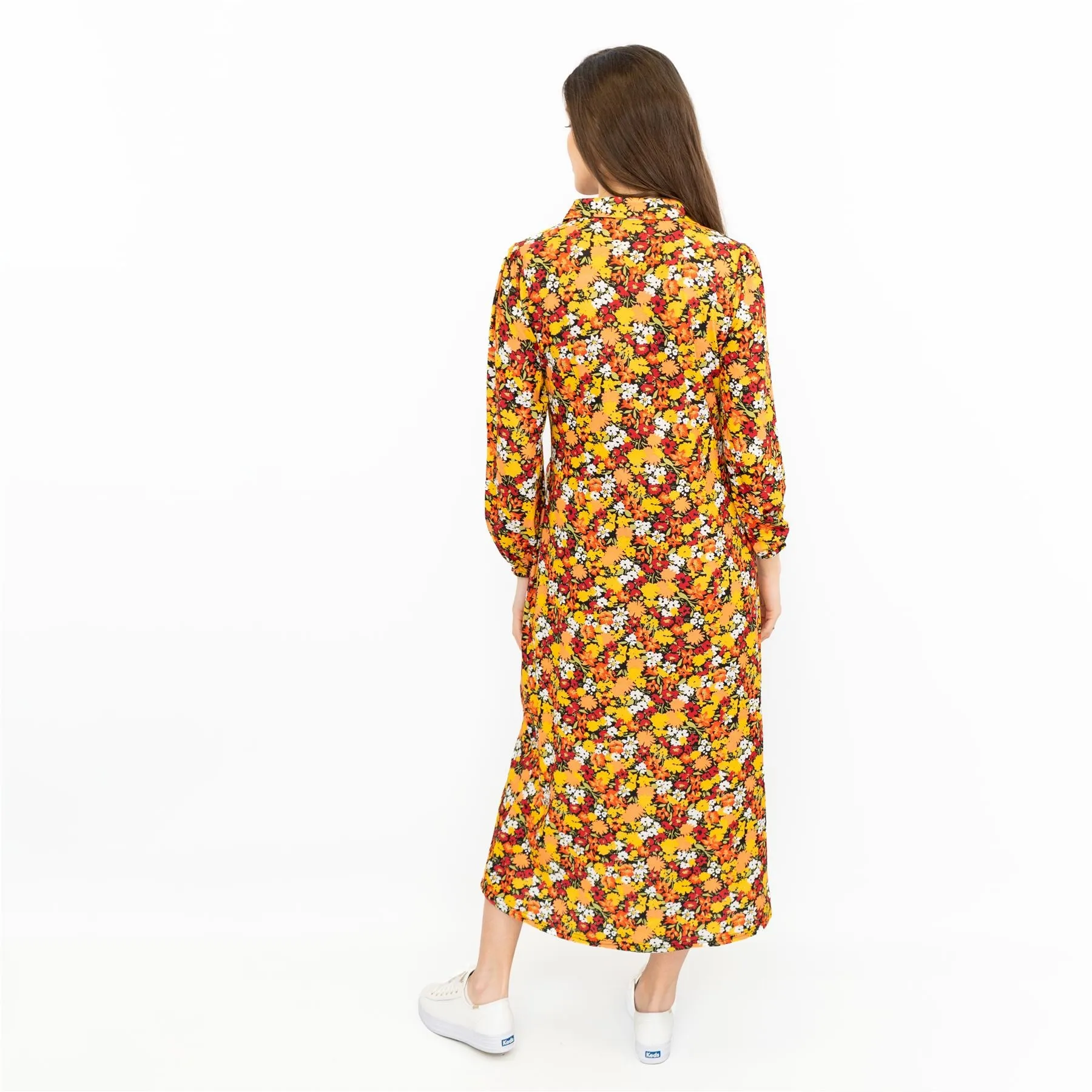 Oasis Orange Floral Long Sleeve Button-Up Midi Shirt Dresses