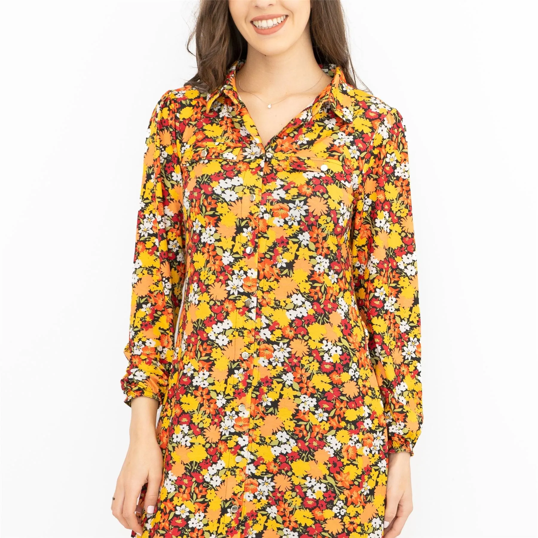 Oasis Orange Floral Long Sleeve Button-Up Midi Shirt Dresses