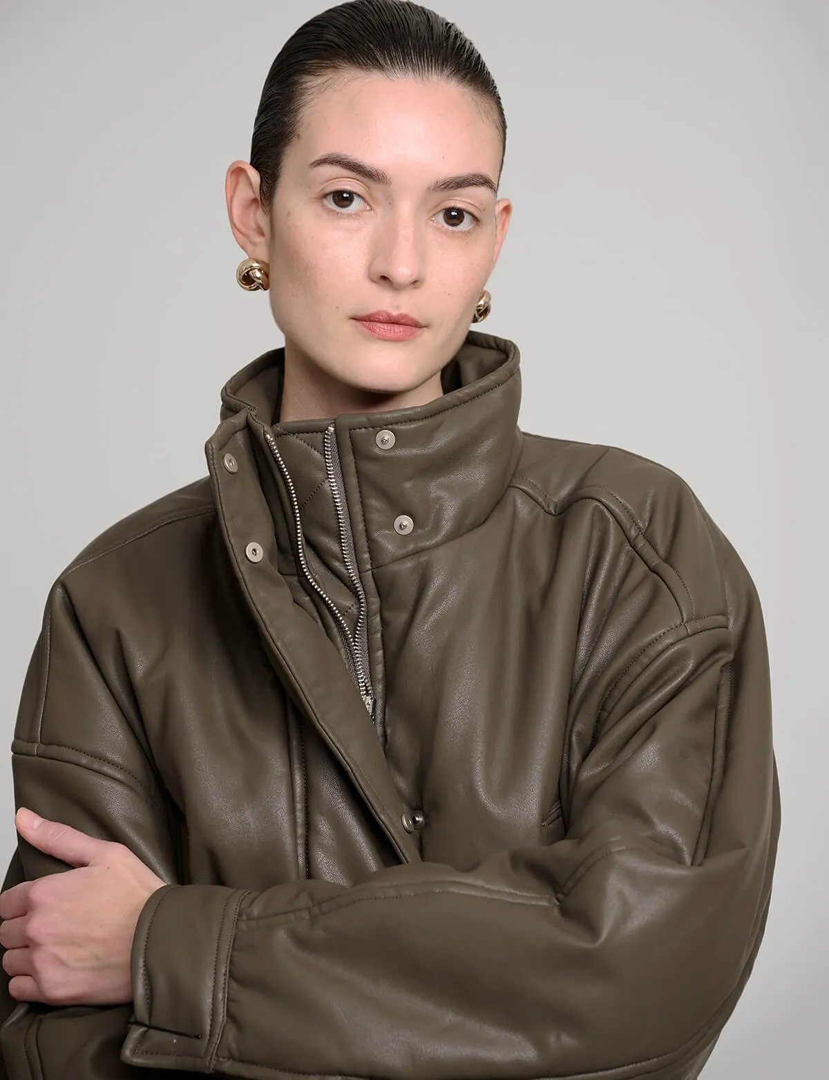 Olive Leather Bomber Jacket