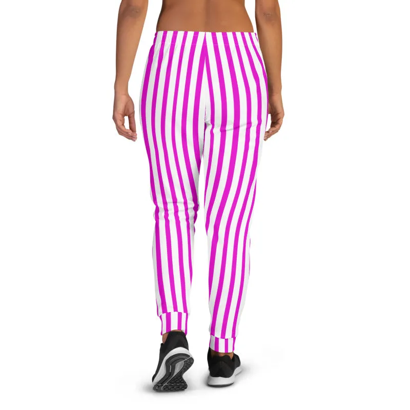 Pink White Striped Women's Joggers, Vertical Stripe Modern Circus Sweatpants-Made in EU